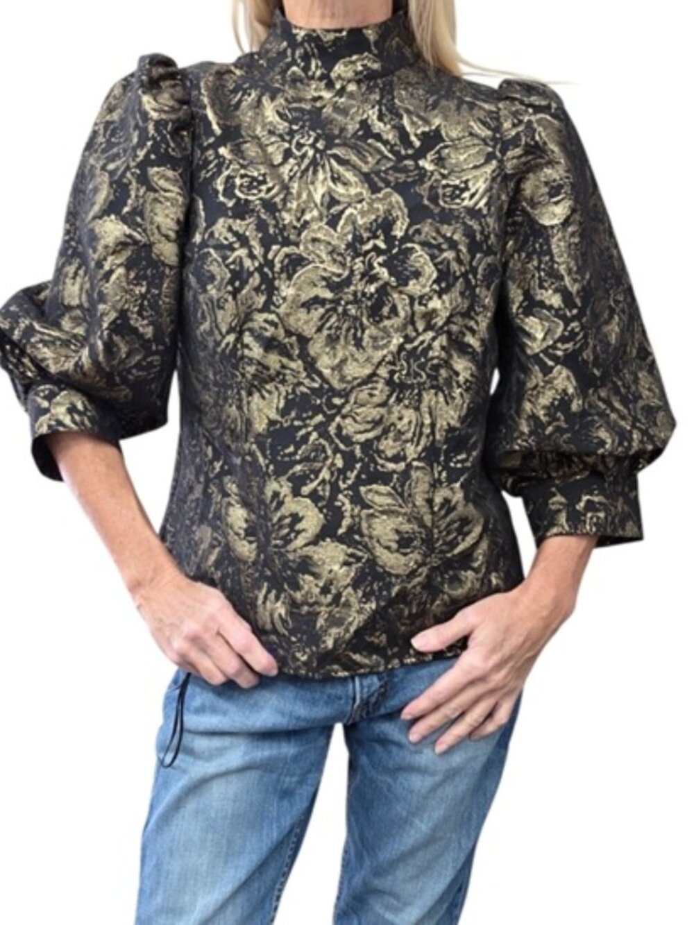 Worthington Black Gold Metallic Floral Jacquard Puff Sleeve Top S